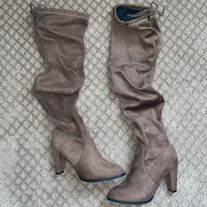 Taupe Ultra-suede Knee High boots zip and tie for versatile style. Size: 7.5